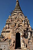 Elaborate figures carved in stucco decorate the ancient stupas, Kakku Buddhist Ruins. Shan State in Myanmar (Burma).